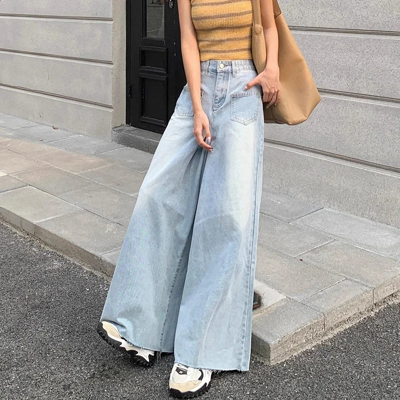 Woman High Waist Vintage ner Wide Leg Jeans Female Gothic Loose Straight Pants Girls Blue Light Denim Trousers 250122