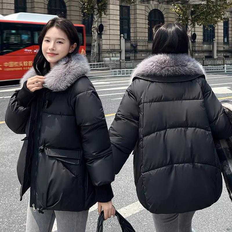 Short Puffer Cotton-Padded Clothes Coat Women Winter Large Fur Collar Jacket 2024 New Korean Loose Lapel Bread Outerwear