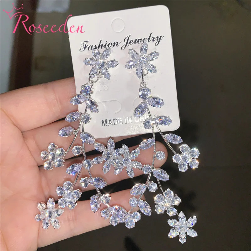 Fashion Korean CZ Flower Ear Accessories Wedding Jewelry Cubic Zirconia Long Drop Bridal Earring For Women RE4169 250117