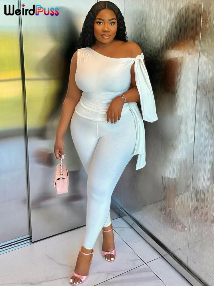 Weird Puss Chic Elegant 2 Piece Set Women Tracksuit Skew Collar Ribbon Tank TsopLeggings Casual Skinny Stretch Matching Outfits 250113
