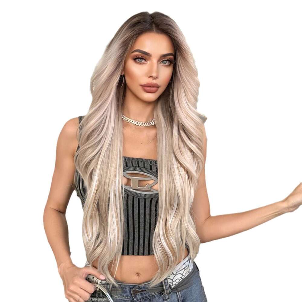 Lace Front Wig Cover T Shape Wig Female Area Front Lace Mid Split Gold Pickled Large Wave Long Curled Hair Fashion Full Head Cover