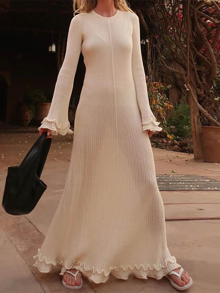 Elegant Solid O Neck Womens Long Dress Chic Long Sleeves Ruffles Lace Up Backless Maxi Dresses 2025 Female Office Vestidos 250122