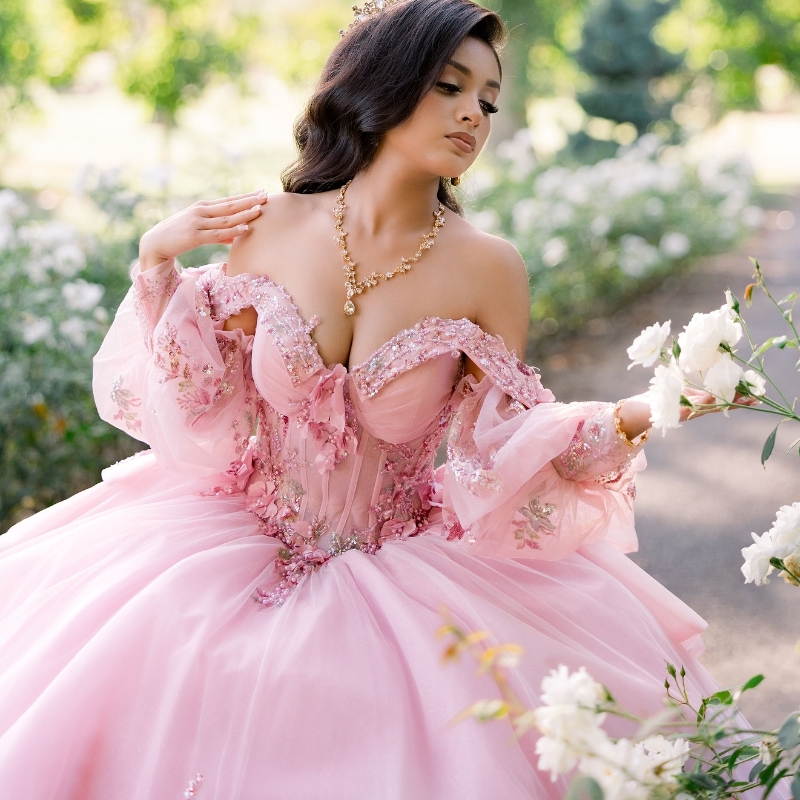 Pink Quinceanera Dresses Ball Gown Off The Shoulder Sequin Applique Lace Flower Beads Tull Party Birthday Sweet 16 Dress Vestidos 15 De