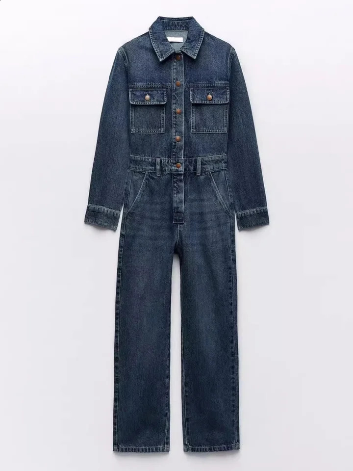 Blue Lapel Long Sleeved Jumpsuit For Women With A Stylish Front Pocket Embellishment Straight Leg Long Denim Jumpsuit 250109