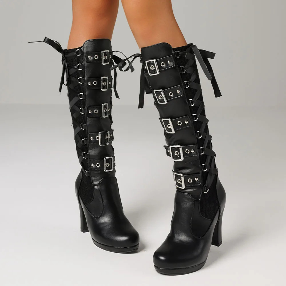 BONJOMARISA Platform Boots For Women Lace Up Chunky High Heel Mid Calf Narrow Band Bow Knot Goth Gothic Shoes Winter 250117