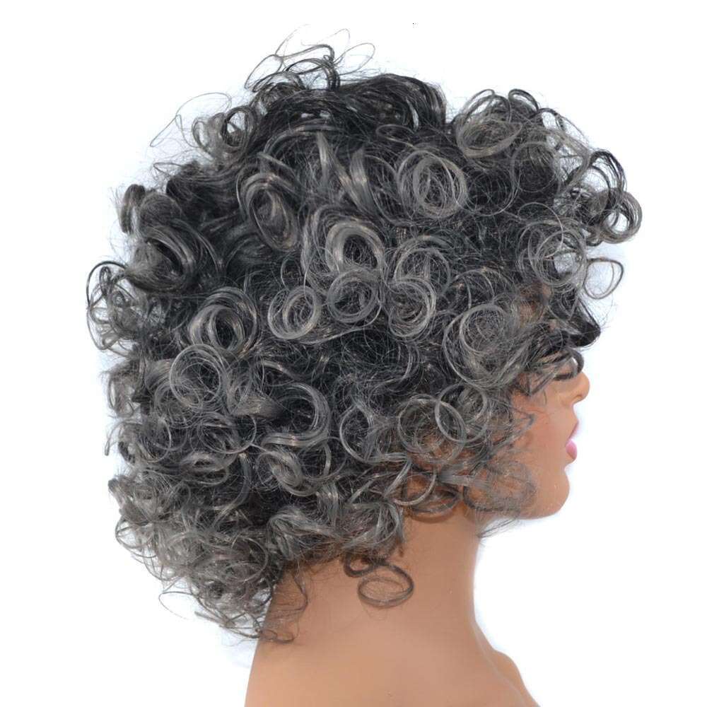 Lace Front Wig Cover T Shape Black Sier Gray Short Wig With Slightly Curled Chemical Fiber Explosive Head Fluffy Curly Hair Headband