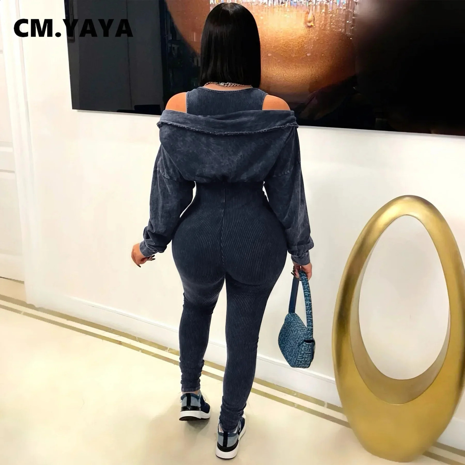 CM.YAYA Fashion Women Knit Ribbed Long Sleeve Moto Biker Jumpsuits Strap Autumn Washed Streetwear Slim One Piece Suit Romper 250109