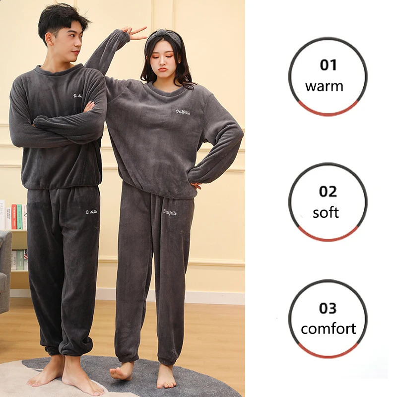 Thickened Warm Men Coral Velvet Pajamas Autumn Winter Homewear Long-Sleeved Long Trousers Solid Soft Sleepwear 2PCS/Set Couple 250108
