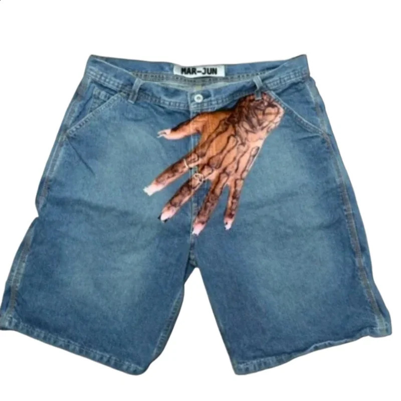 Retro hiphop blue Baggy hand print men denim shorts Y2K Gothic Harajuku sports pants basketball long 250120Z