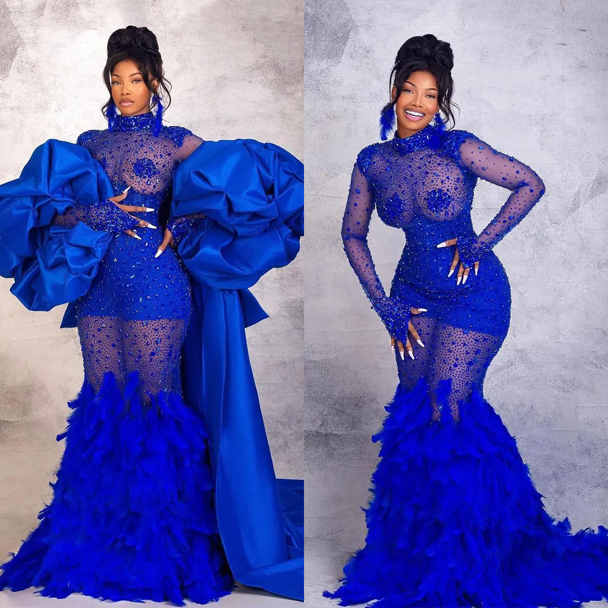 Sexy Lllusion Blue Beads Crystal Mermaid Prom Dresses With Feather Sweep Train Evening Party Special Ocn Gowns Customized