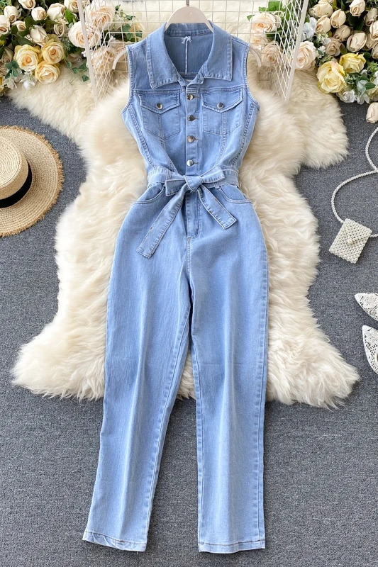 Chic Women Retro Single Breasted Lace Up Slimming Straight Wide Legs Denim Pants Jumpsuit Cow Playsuits Jeans Overall Rompers 250122