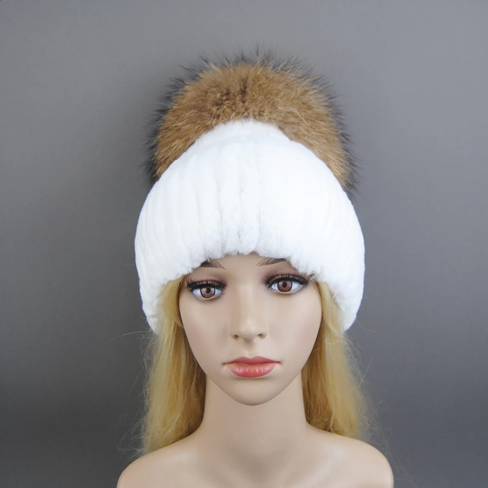 winter warm Rex rabbit fur hat Beanies 100% natural fur hat fashionable knitted leather hat with raccoon fur ball 250109