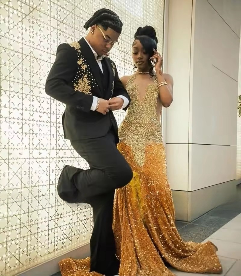 Gold Sequins Mermaid Prom Dresses 2025 With Glitter Crystal Plus Size Evening Ocn Birthday Gowns Customised