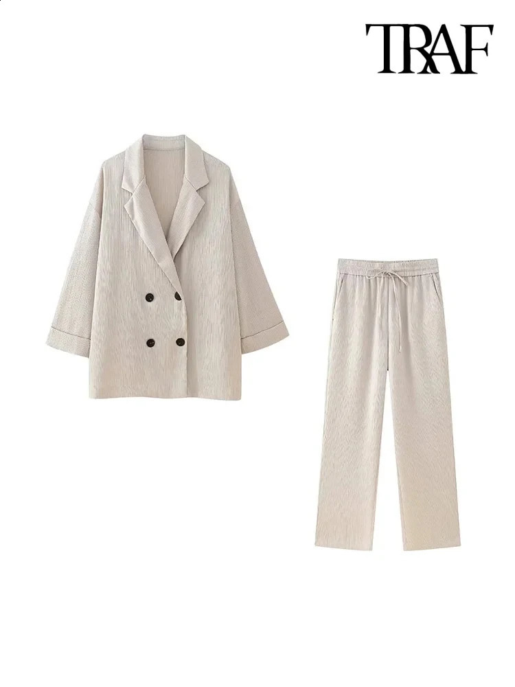 TRAF-Womens Double-Breasted Loose Blazer Coat and High Elastic Waist Wide Leg Pants Female Two Piece Sets Fashion 250118