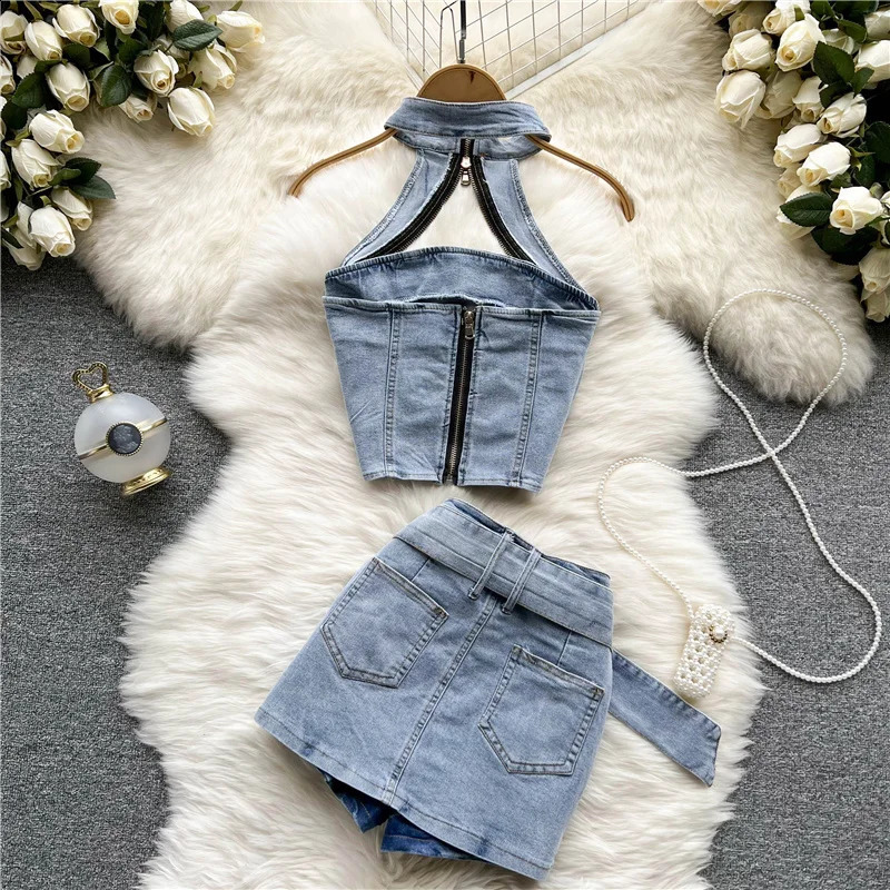 Sexy Women Summer Denim Jeans Halter Tops Mini Skirt Outfits Suits Backless Sashes Chic Style Bodycon High Waist Vestidos 250114