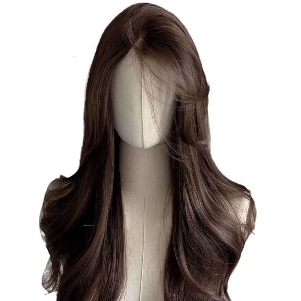 Lace Front Wig Cover T Shape Front Lace Wig Women S Cold Brown Summer Headband Eight E Bangs Large Wave Temperament Curly Hair Full Set Whole Wig
