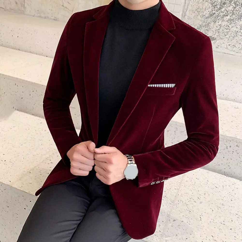 Spring Velvet Men Blazer Solid Color Temperament Suit Jacket Turndown Collar Long Sleeve Slim Fit Single Button Coat 250115