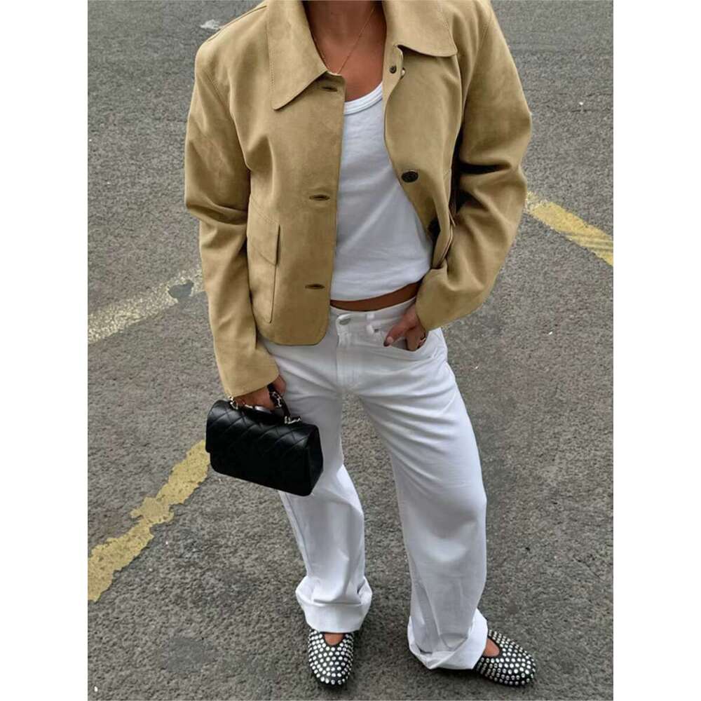 New Solid Soft Suede Jacket Women Autumn Single Breasted Long Sleeve Cropped Jackets Streetwear Fashion Vintage Outerwear