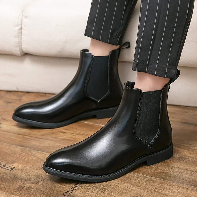 2024 Leather Men Chelsea Boots er Italy Dress Boots Men Fashion Casual Warm Plush Business Ankle Boots Big Size 48 250120