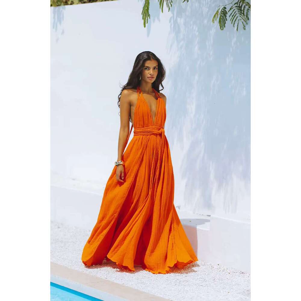 Solid Color Bandage Maxi Dress Sleeveless Open Back Holiday Vestidos Female Deep V Neck Backless Halter Dresses