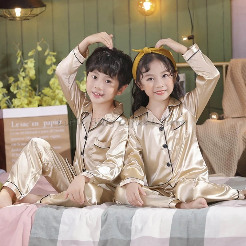 Full Sleeve Silk Pajamas for Girls Children Sleepwear Pijamas Girls Teenage Boys Satin Pajama Sets Night Suits for Kids 250121