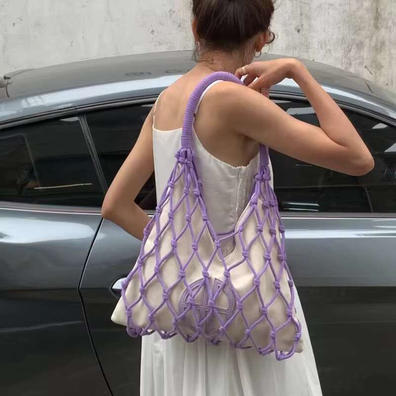 Hollow Out Slim Beach Bags For Women Designer Handbags Purses 2024 New In Nylon Rope Braided Canvas Inner Pocket Shoulder