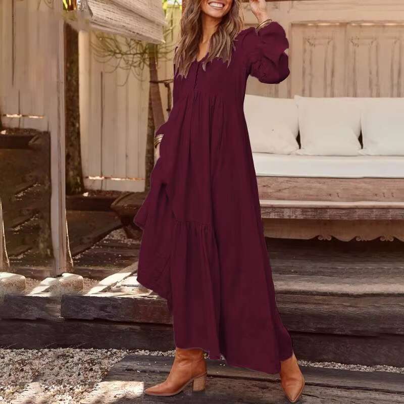 Spring Autumn Maxi Cotton And En Women's Boho Button Up Loose Fit Vestidos Hippie Robes Plus Size 5Xl Dress