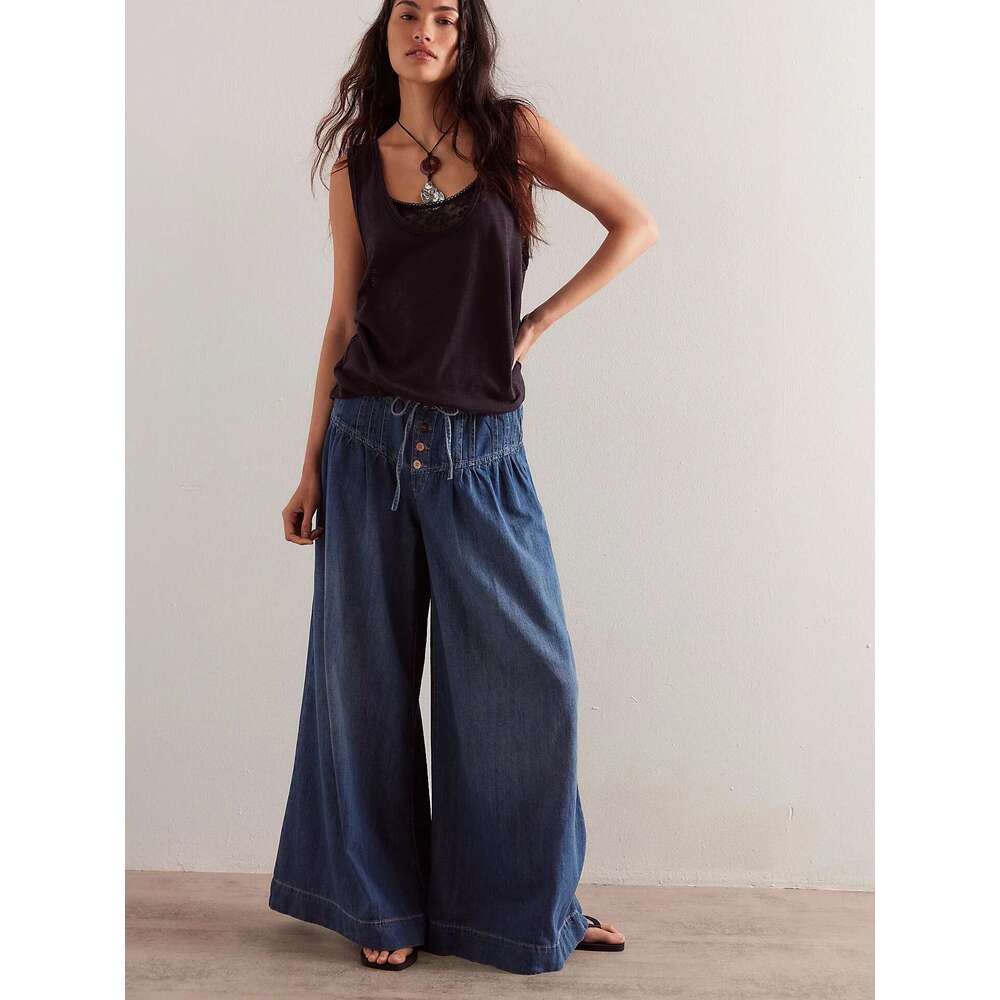 Free Style Full Length Mid Waist Boho Folds Cotton Hippie Wide Leg Pants 3Xl Trousers Chic People Jeans