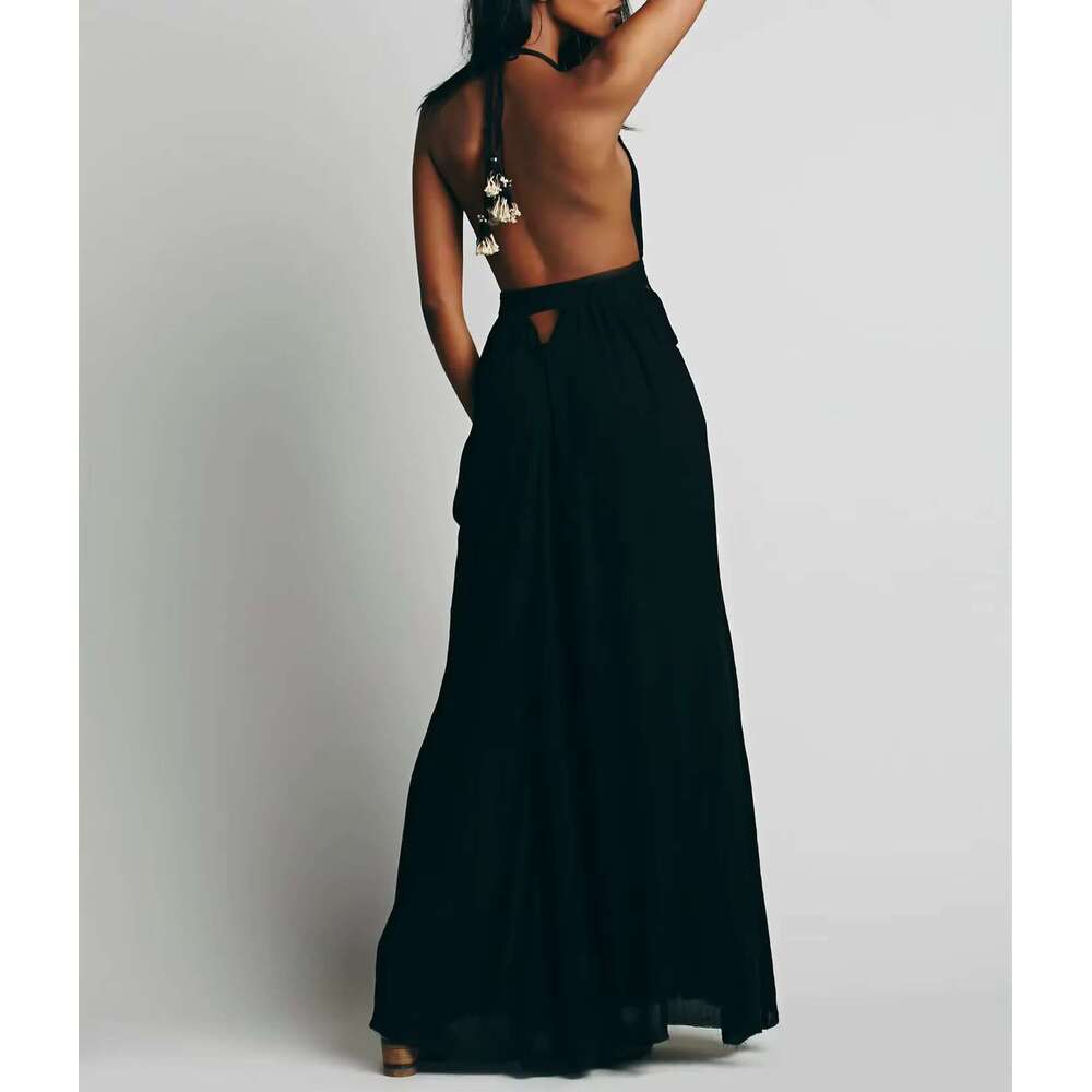 Beach Sundress V Neck Backless Sexy Holiday Cotton Maxi Dresses Boho Vestidos Vacation Strapless Dress