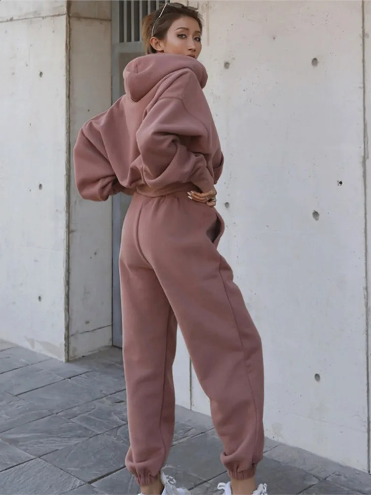 Two piece set of womens solid color drawstring hooded sweatshirt pants sports suit autumn/winter casual streetwear 250122