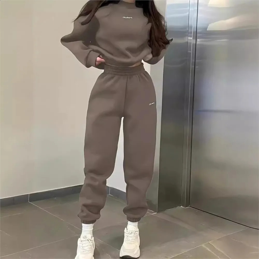 Autumn And Winter Casual Sports Suit Fashion Solid Color Simple Warm Pants Hoodie Female 2 Piece Set 2024 250113