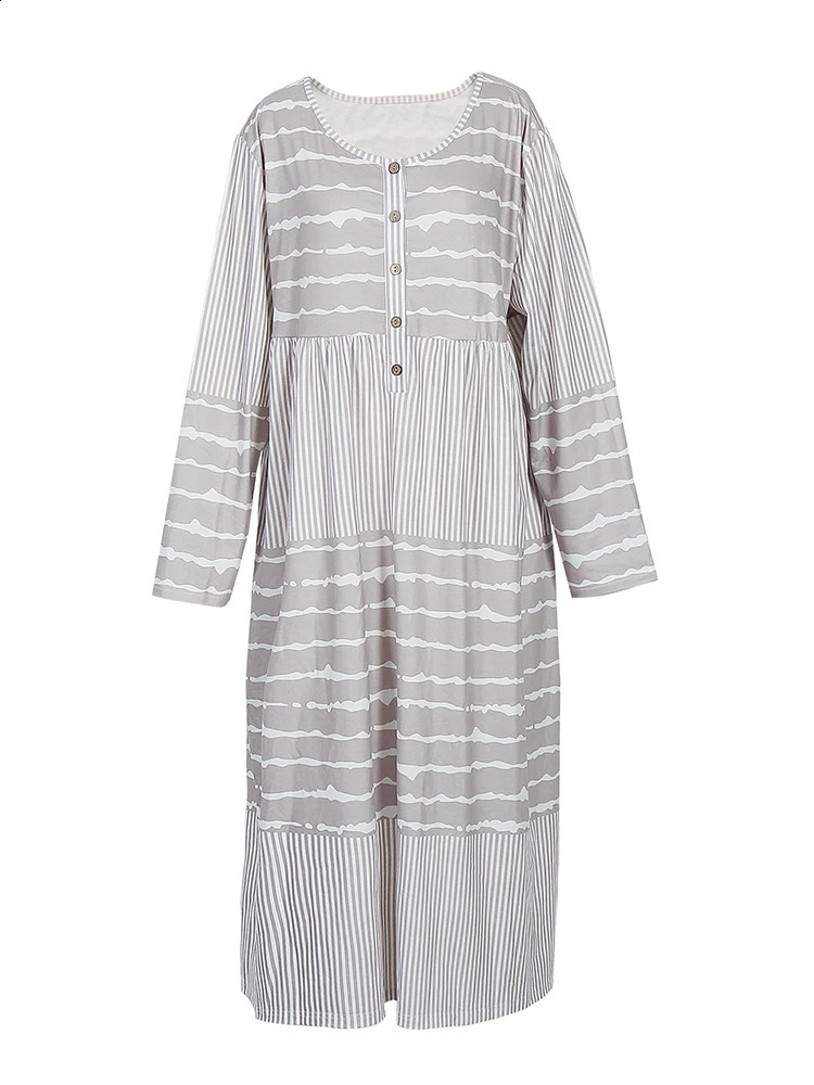 Womens Long Sleeve Button Down Streaks Midi Dress Plus Size Casual Crew Neck Swing Dresses 250121