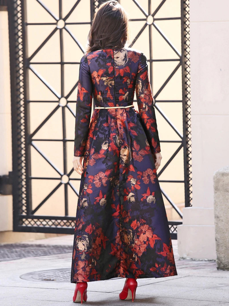 Elegant Women Long Sleeve Maxi Dress Fall Fashion Boho Floral Jacquard Muslim Dress Ladies Vintage Party Clothes 250122