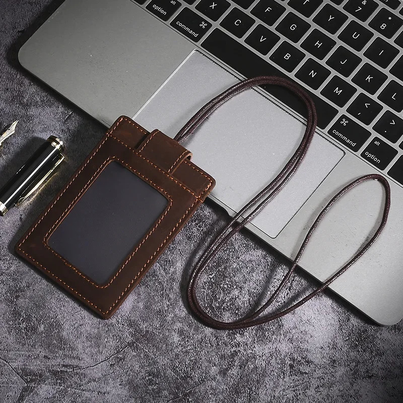 Leather Work Credential Lanyard with Card Holder Neck Strap Cowhide Leather Id Badge Holder Staff Card Bus ID Card 250120
