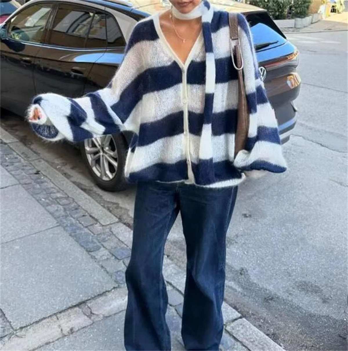 Striped V-Neck Cardigan With Scarutumn Winter Women New In Fashion Knit Sweater Loose Long Sleeve Coats Lady Chic Streetwear