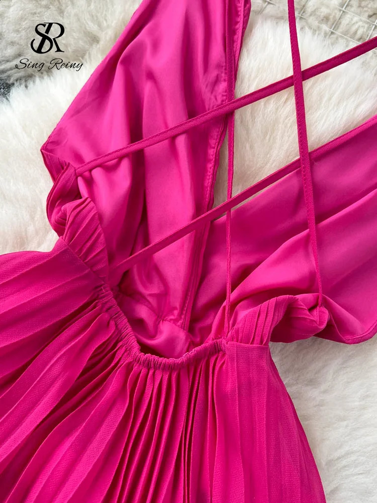 SINGREINY Summer Sexy A Line Dress Deep V Neck Sling Cross Ruffles Backless Pleated Solid Women Elegant Evening Party Long Dress 250110