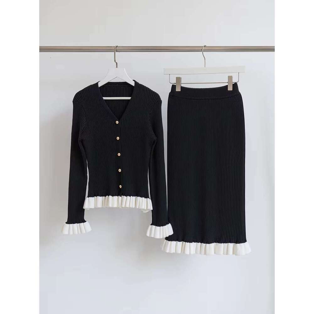Ruffle Patchwork Hem Knit 2 Piece Set Winter New V Neck Single Breasted Cardigan+Midi Skirts Sets Elegant Fashion Women's Suits