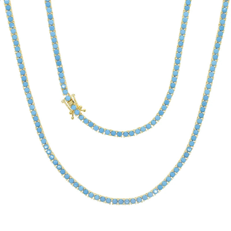 2024 Gold Color Bling 3mm Turquoises Paved Tennis Chain Necklace Mirco Pave CZ Charm Blue Stone Fashion Women Choker Jewelry 250118