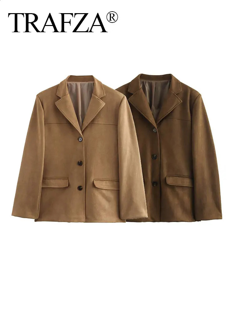 TRAFZA Trendy Suede Blazer For Women Autumn Causal Solid Color Single Breasted With Pockets Long Sleeves Lapel Retro Coats 250109