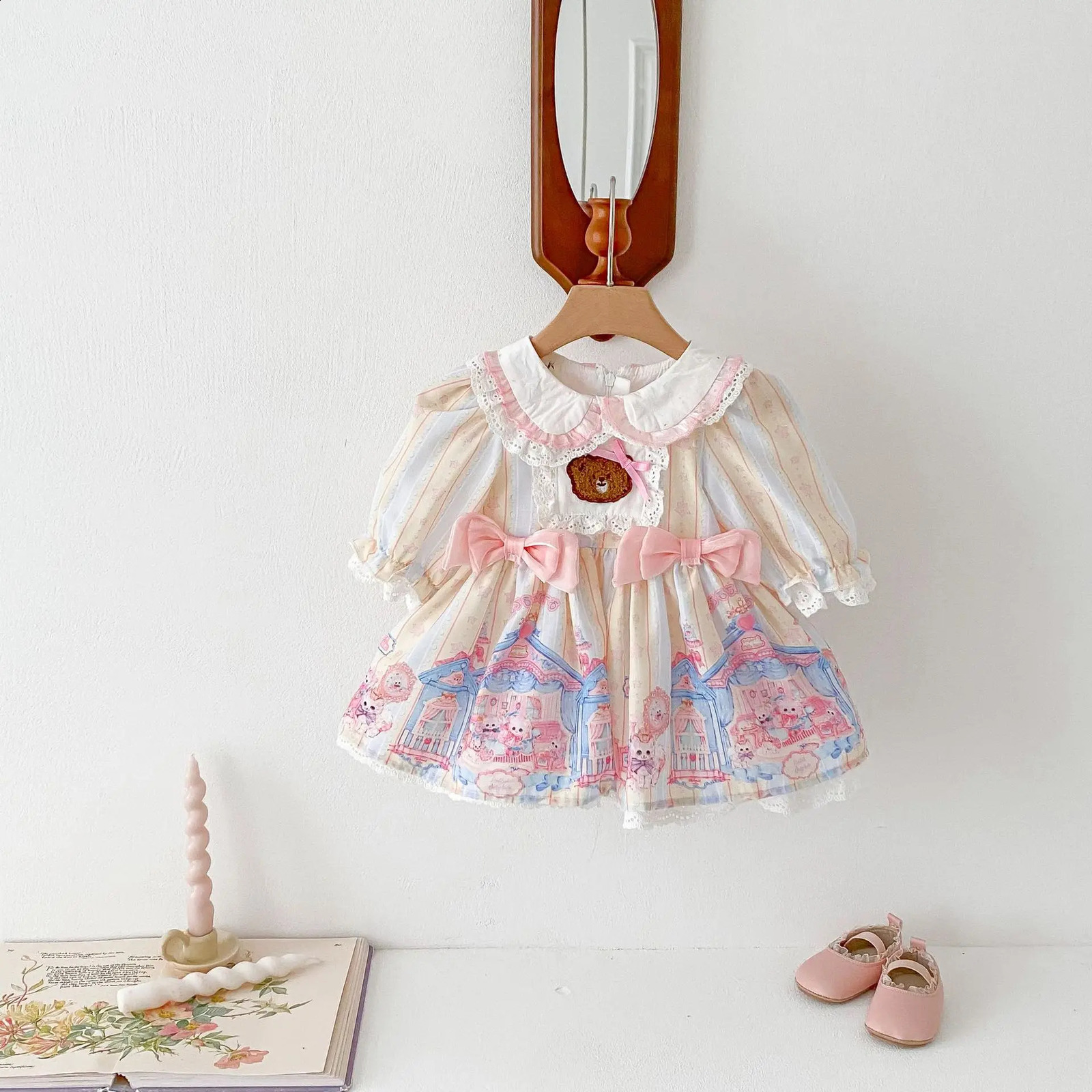 Girls Princess Lolita Dress Spring Autumn 06 Year Old Long Sleeve Baby Castle Knotbow Printed Kids 250117