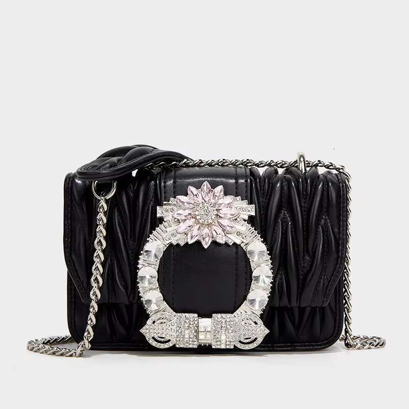 Fashion Pleated Textured Leather Square Women Handbag Lady Purse Crystal Shiny Dias Shoulder Underarm Crossbody Bag