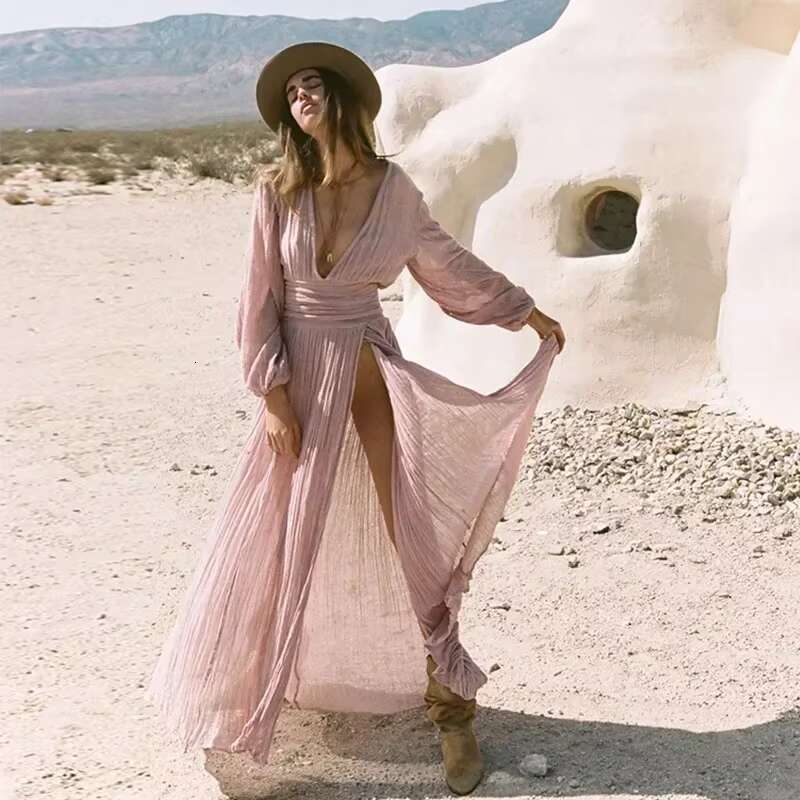 Women's Cotton Solid Color V-Neck Lantern Sleeve Maxi Sweet High Waist Summer Elegant Split Dress Beach Boho Robes