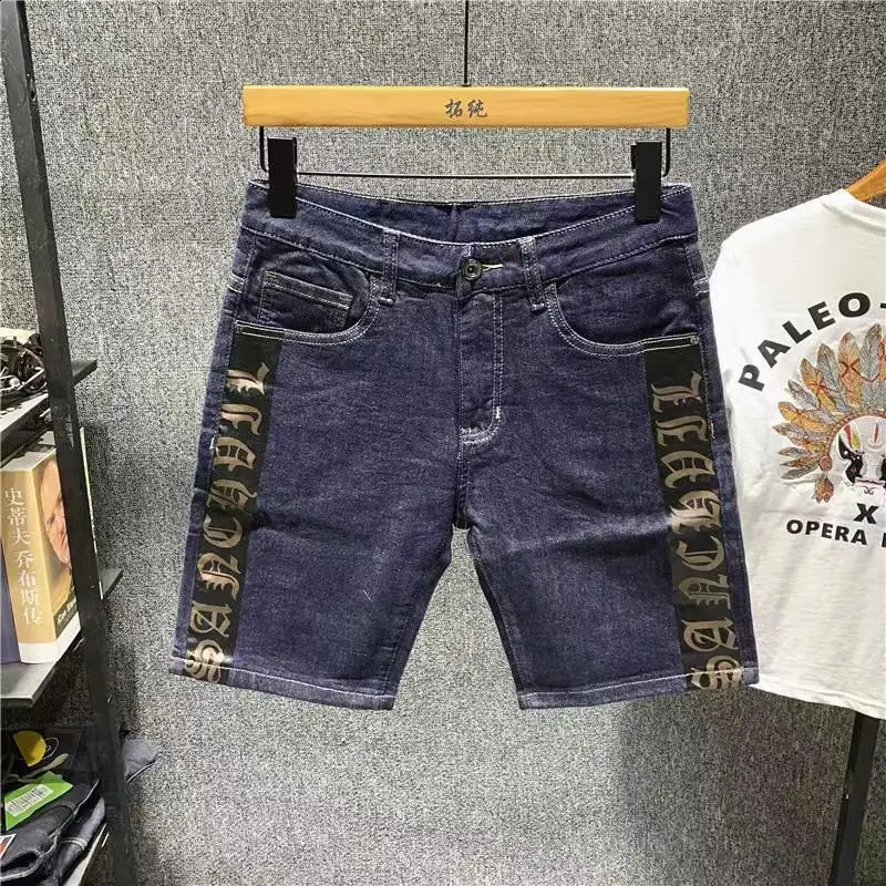 Summer Casual Denim Shorts for Men Knee Length Jeans Embroidery Trendy Slim Pants Korean Style Black Short 250121