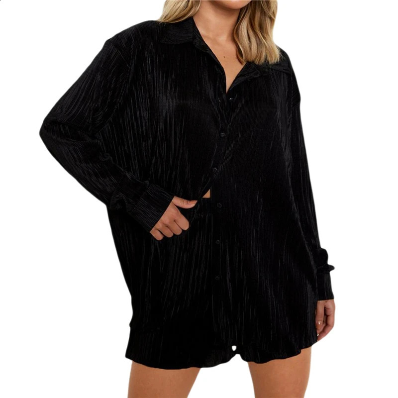 Pleated Shorts Set 2 Piece Outfits for Women 2000s Aesthetic Ruched Long Sleeve Button Down Shirt Tops and Shorts y2k Clothing 250113