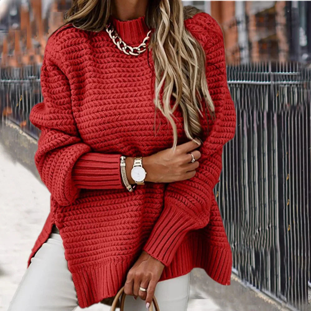 Women Turtleneck Long Lantern Sleeve Side Split Knitted Pullover Sweater Tops PYMYMY188 250109