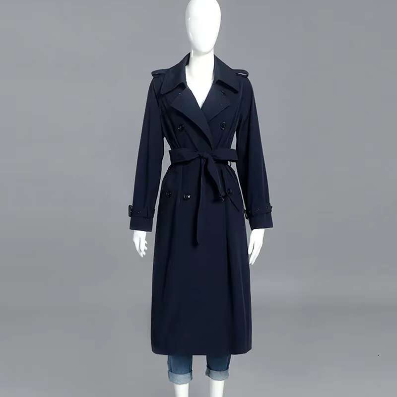 Navy Blue Women Trench 2023 Office Lady Double Breasted Extra Long Coat Elegant High Quality Windbreaker Outwear