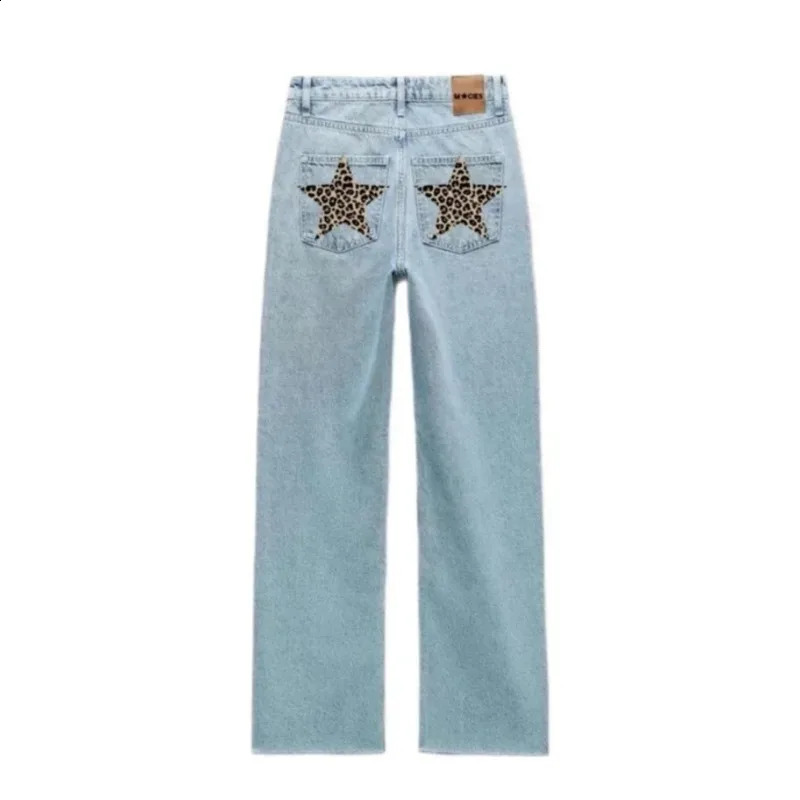 Five-pointed star leopard print pattern embroidered high quality jeans for women Y2K American winter warm oversized sweatpants 250118
