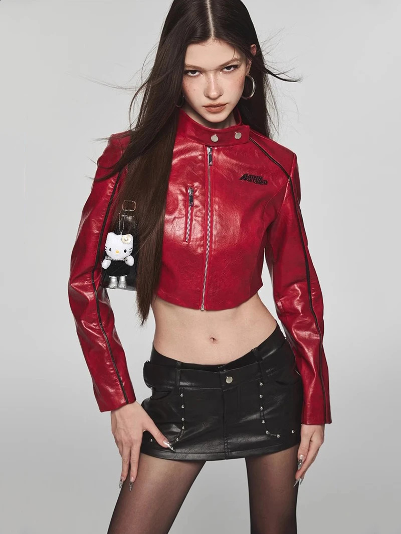 REDDACHiC Leather Bomber Jacket Womens Cropped Coat Patchwork Vintage Y2k Windbreaker Casual Autumn Long Sleeves Statue Outer 250118