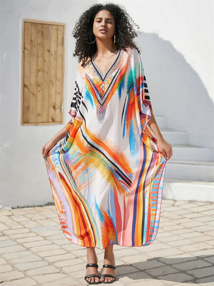 EDOLYNSA Orange Printed Beach Dress Bohemian Loose Kaftan 2024 Summer Womens Swimsuit Cover Up Vacation Casual House Robe Q1638 250122