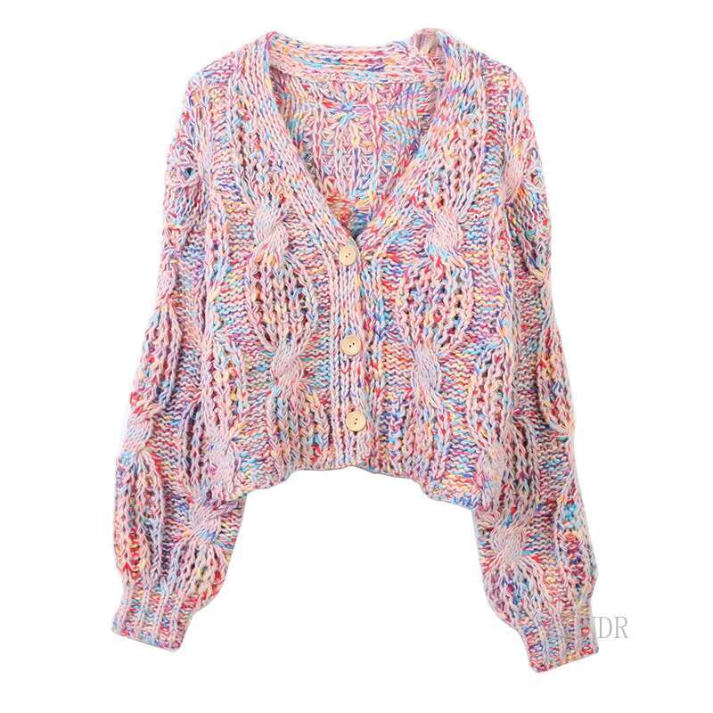Colorful Lazy Oaf Cardigan For Women, Knitted Wool Sweater, V-Neck, Long Sleeve, Hollow Hook, Wer Loose Cardigan, Autumn